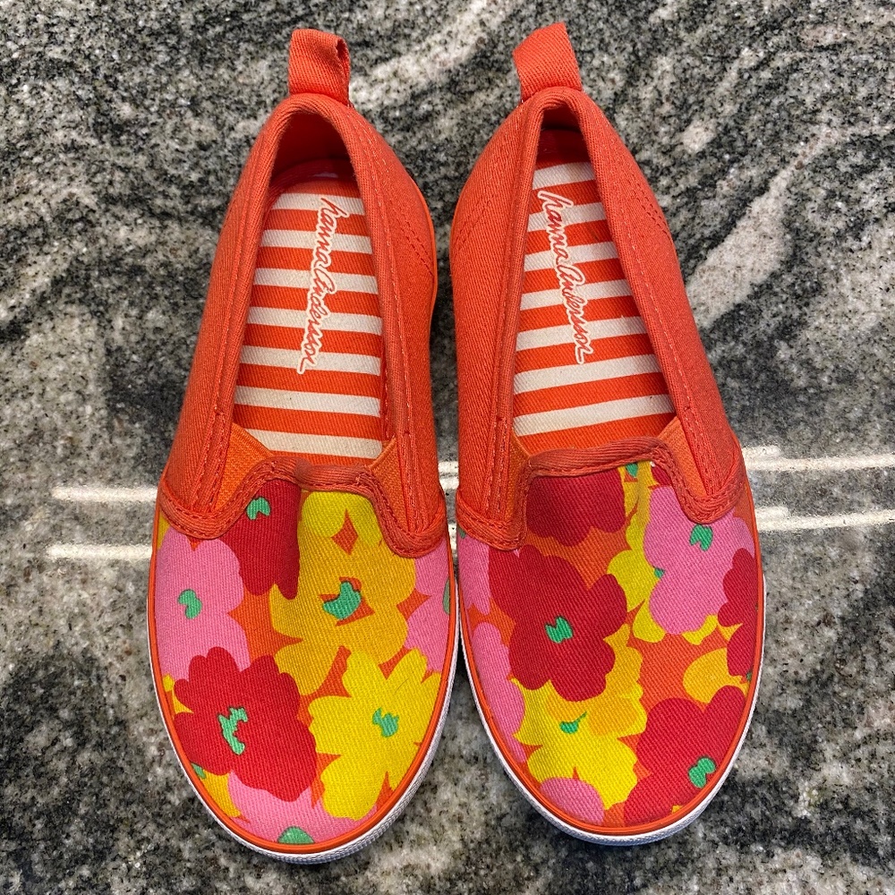 Cute size 12 girls flowery coral slip ons